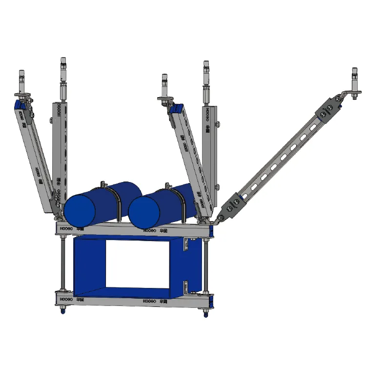  양방향 버팀대가 있는 통합 시스템.  지진 배관은 Unistrut 슬롯 채널 피벗 스트럿을 지원합니다.